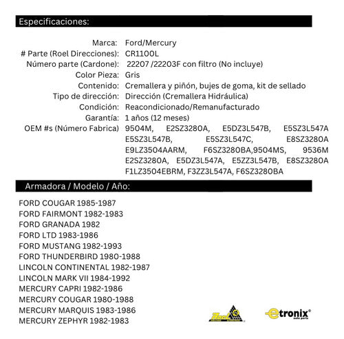 Caja Cremallera Direccion Hidraulica Ford Mustang (22203f)