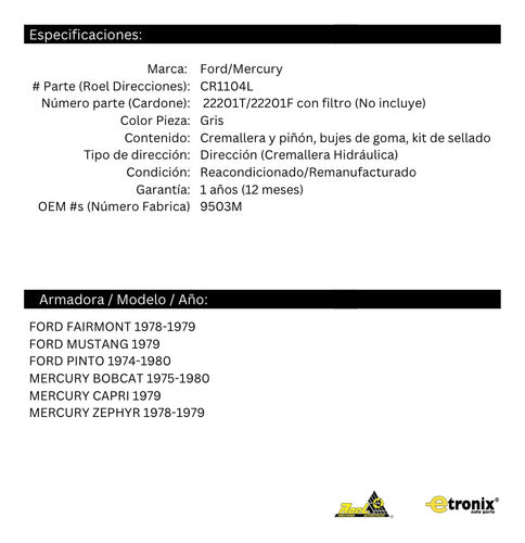 Cremallera Dirección Hidráulica Mercury Bobcat 1975 A 1980
